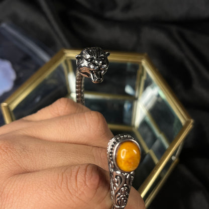 Jaguar’s Roar – Amber & Jaguar Head Bangle of Power & Protection