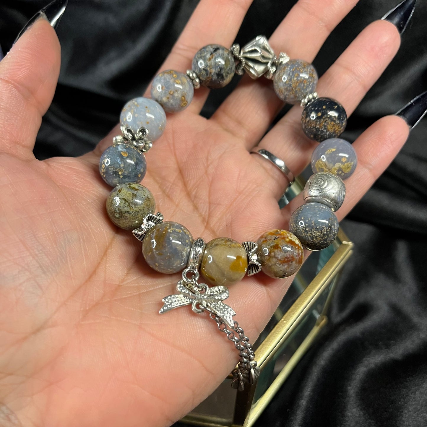 Tidal Embrace – Ocean Jasper Bracelet with Silver Charms of Tranquility & Healing