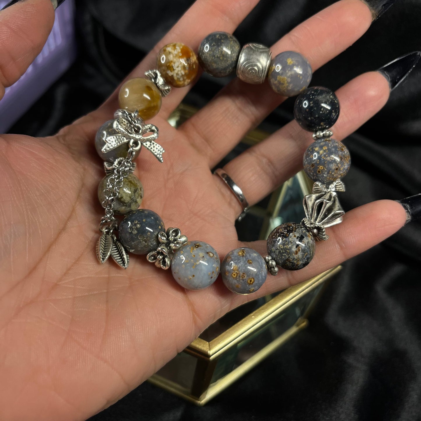 Tidal Embrace – Ocean Jasper Bracelet with Silver Charms of Tranquility & Healing