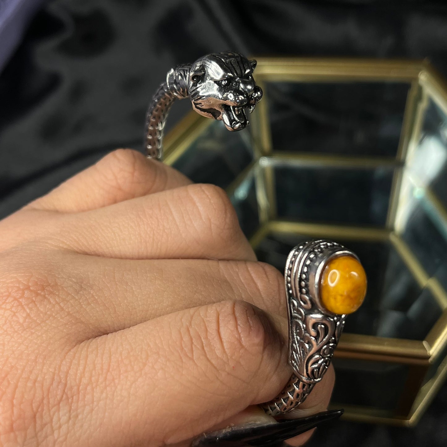 Jaguar’s Roar – Amber & Jaguar Head Bangle of Power & Protection